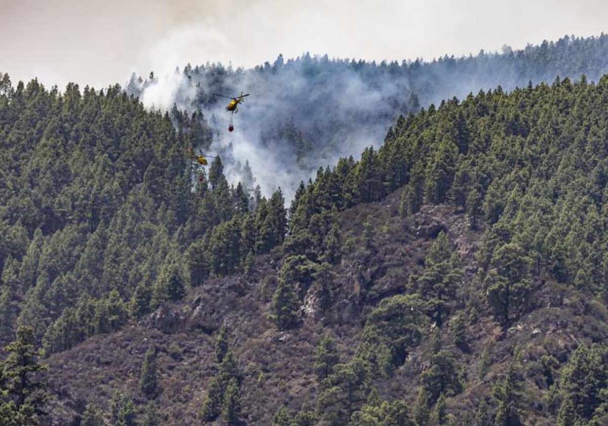 Un helicóptero remata algunos de los puntos calientes en el perímetro del incendio en Tenerife