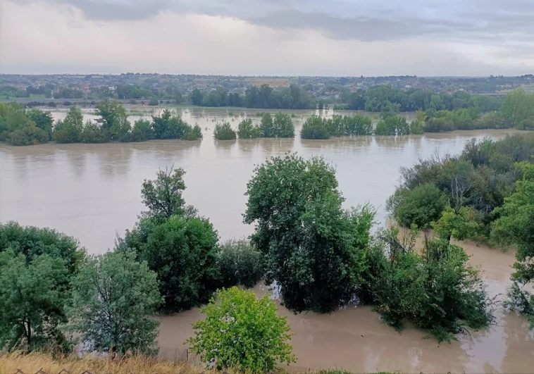 El río Alberche, a su paso por Escalona esta mañana.  En el fondo.  la urbanización que ha sido desalojada