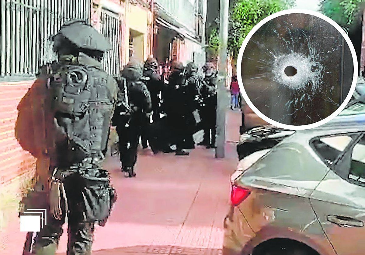 El GEO, en el portal del sospechoso. El agujero de bala del disparo en el local vecino