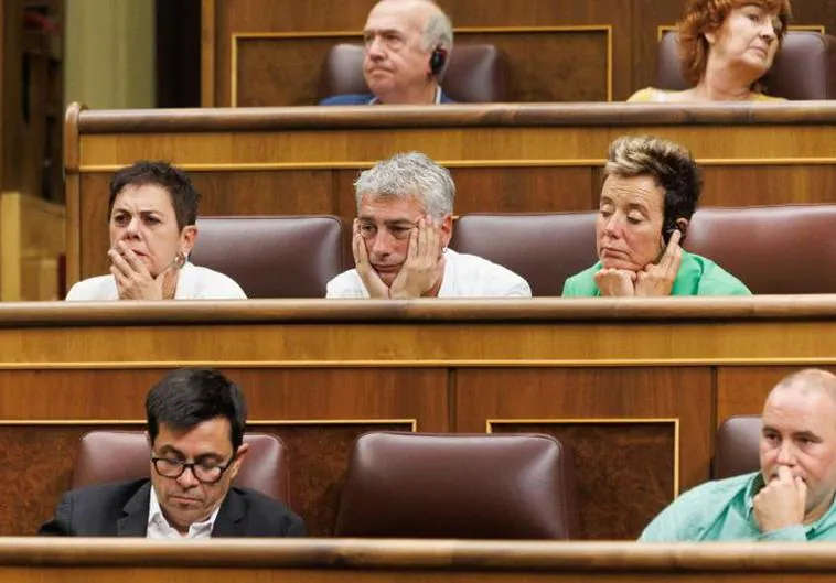 Los parlamentarios de EH Bildu, en segunda fila, utilizan sistemas tradicionales en el Pleno del Congreso de este martes