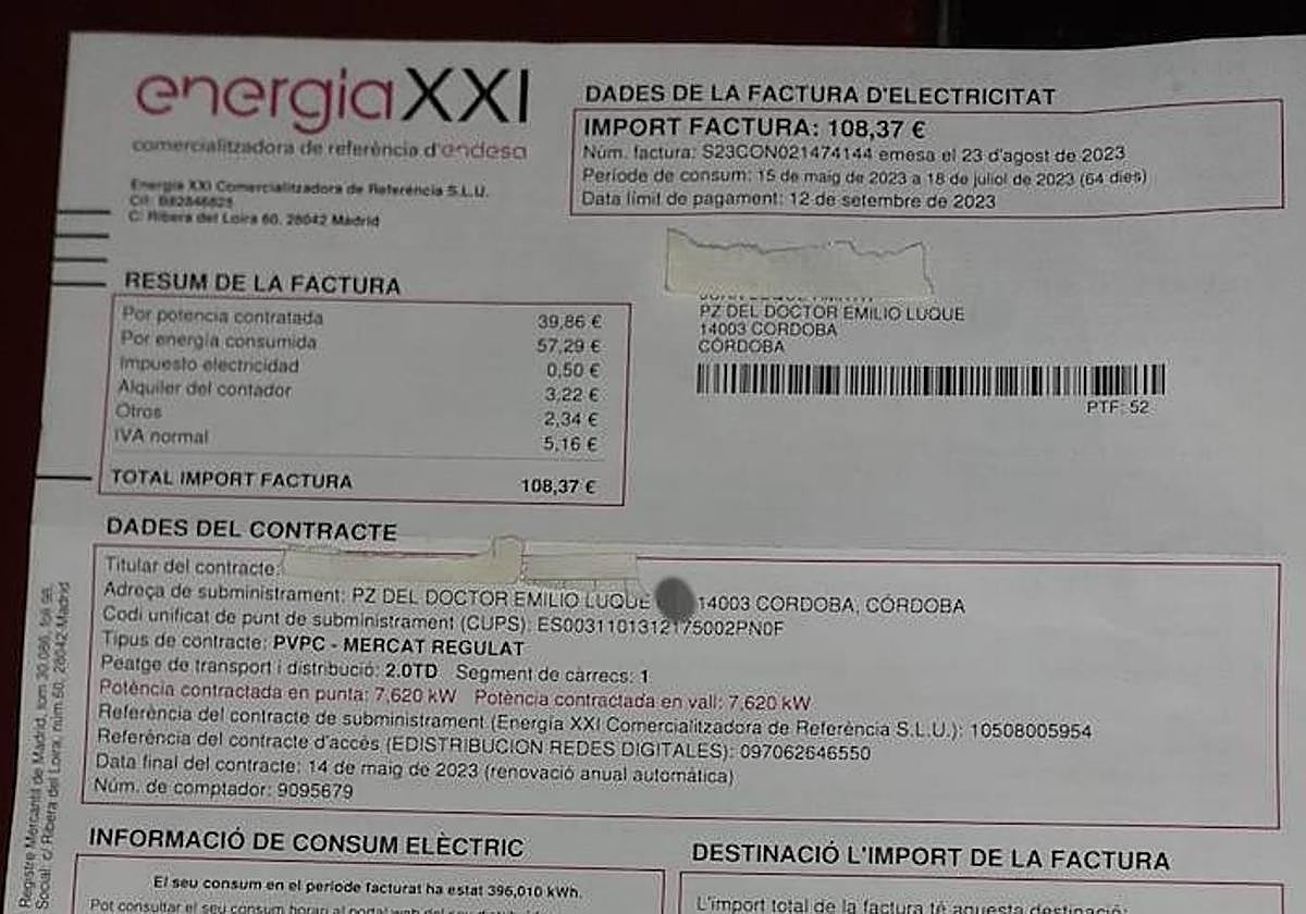 Factura recibida por el usuario en catalán