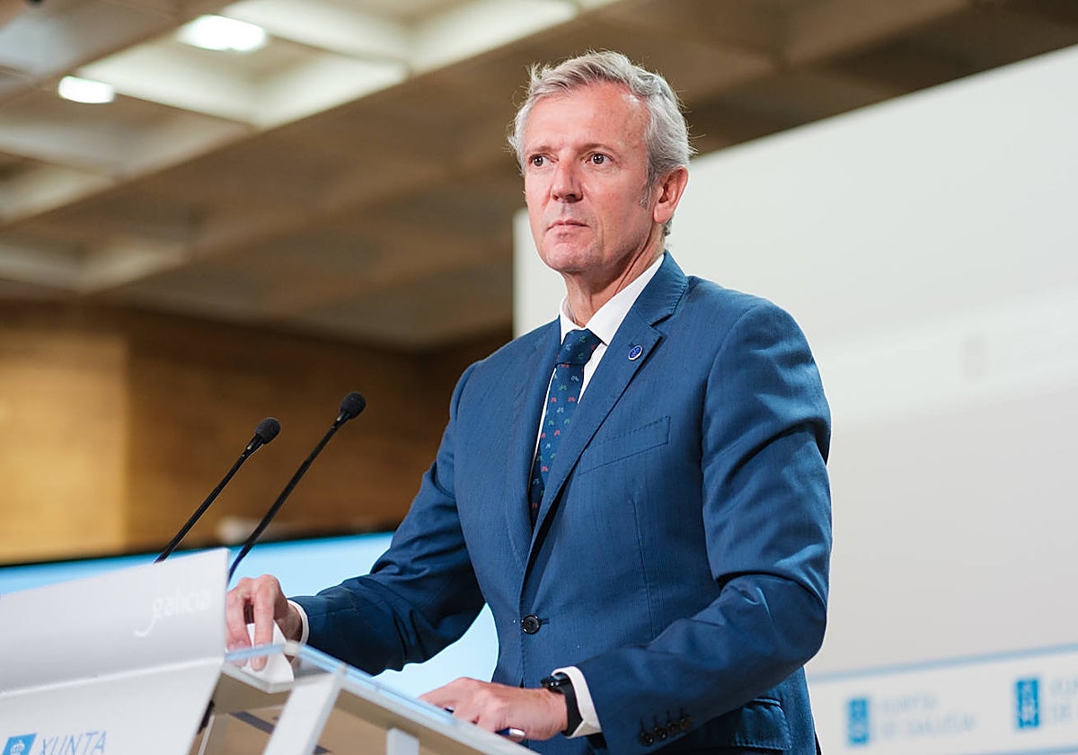 El presidente de la Xunta, Alfonso Rueda, en una rueda de prensa este jueves en San Caetano