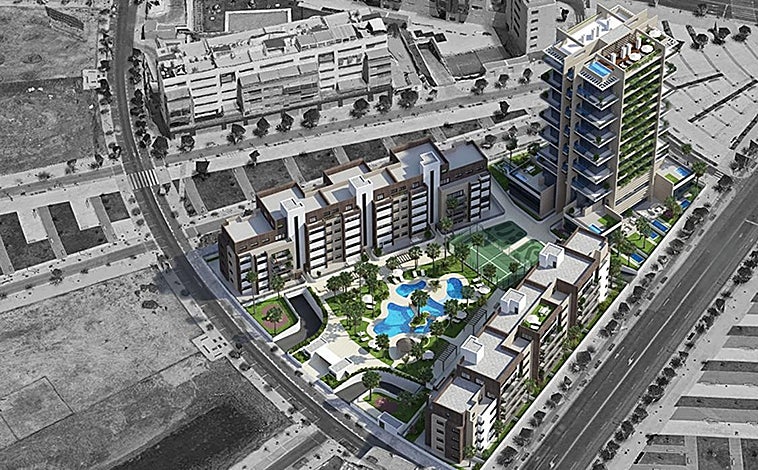 Imagen principal - Si sumamos la inversión inicial del proyecto que ideó Rafael Castelló para ÑXXI y actualizó en 2016 (unos 36 millones de euros para las tres patas del complejo residencial con 120 viviendas de lujo) a los 14 millones de inversión que ha costado acabar las obras por parte del grupo empresarial cordobés Agrifuide, el conjunto habrá costado más de 50 millones de euros. Altas prestaciones particulares y comunes y un promedio de coste por vivienda de 400.000 euros. En la torre, todas vendidas menos una.