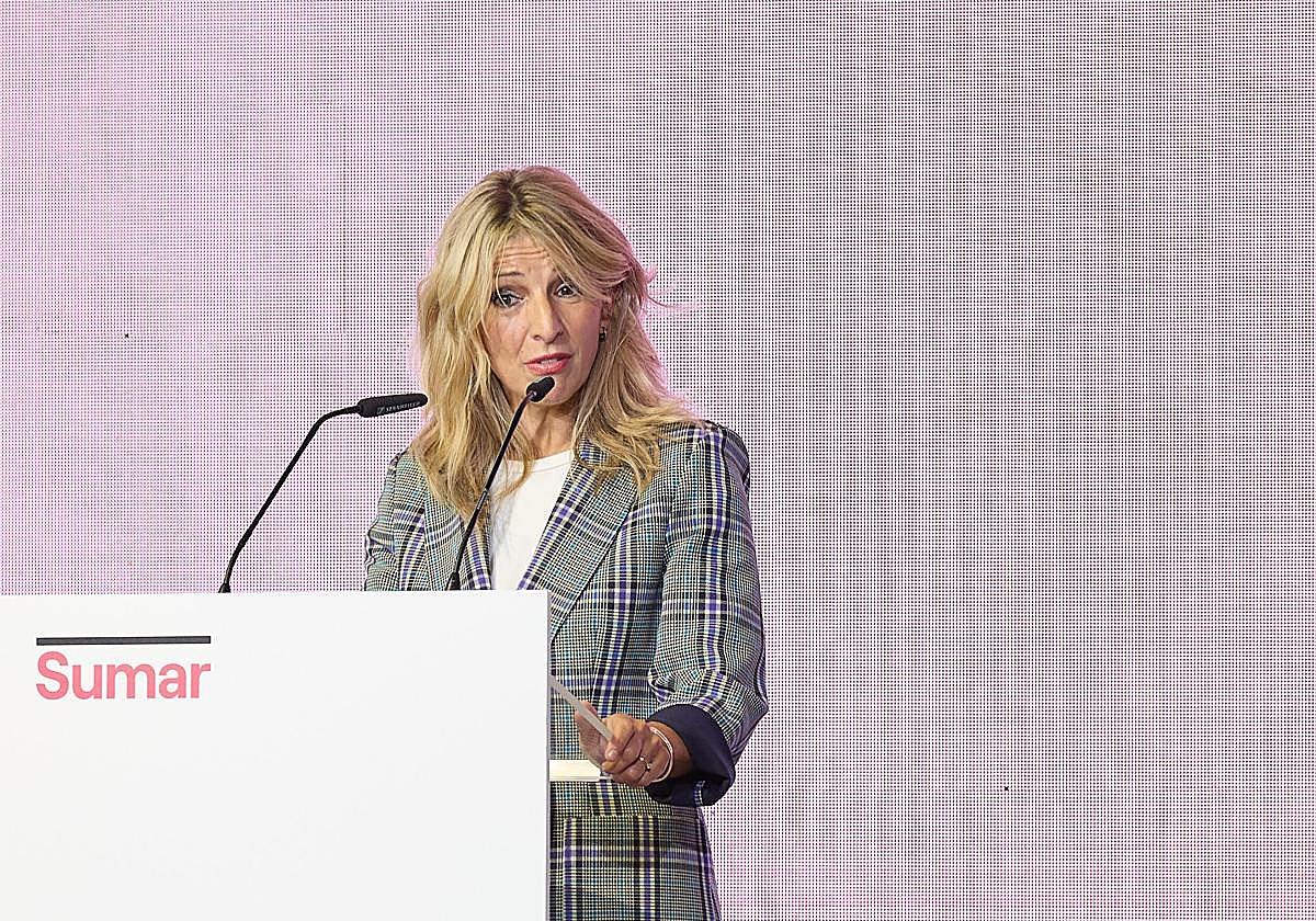 La vicepresidenta segunda, Yolanda Díaz, en un acto de Sumar del pasado sábado, en Madrid