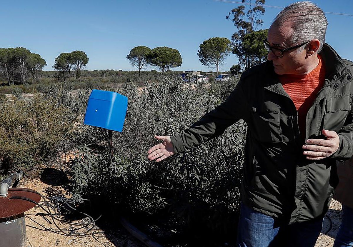 El presidente de la Confederación Hidrográfica del Guadalquivir, Joaquín Páez, muestra uno de los 77 pozos ilegales ya cerrados