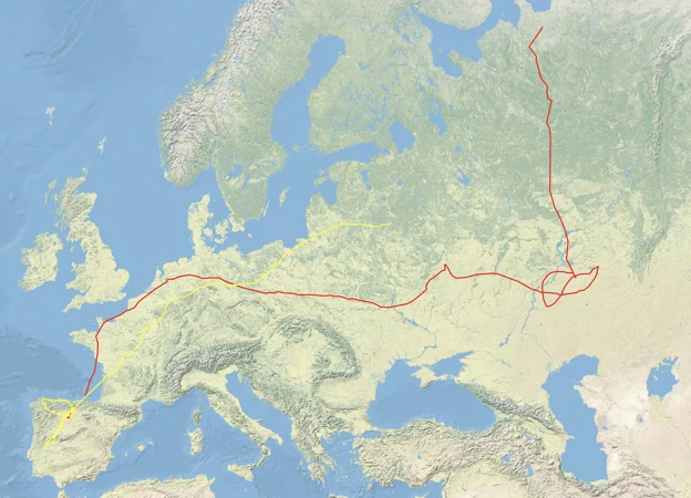 Mapa con el itinerario seguido por Tina y Blondie, los dos ejemplares de lechuza geolocalizados en Palencia