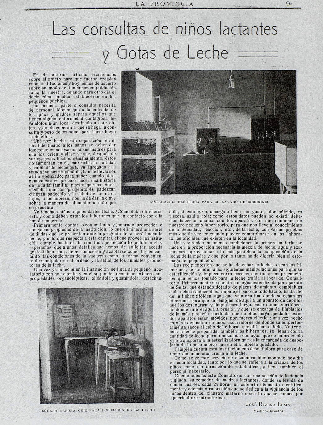 Artículo publicado en la revista 'La Provincia' (14-01-1928) firmado por el médico José Rivera Lema, director de la Gota de Leche de Toledo, explicando el procedimiento para elaborar la leche maternizada. También refería el comedor habilitado para madres lactantes y otro servicio específico dedicado a la “puericultura intrauterina”