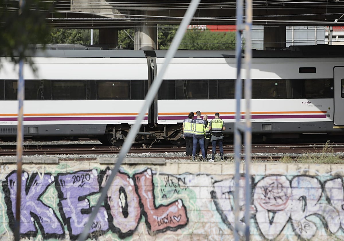 Agentes de Policía nacional junto al tren en el que se ha hallado el cuerpo de Álvaro Prieto