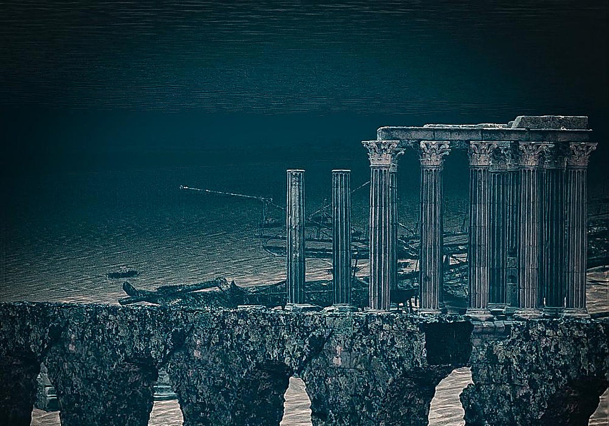 Recreación del proyecto donde se observan columnas y una réplica del antiguo acueducto de Almuñécar