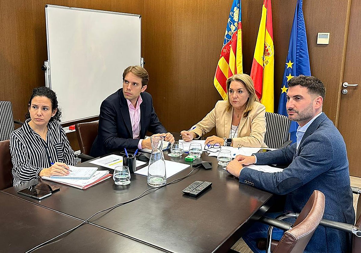 La vicepresidenta segunda de la Generalitat Valenciana, Susana Camarero, con personal de su departamento siguiendo la reunión por videoconferencia con el ministro José Luis Escrivá.