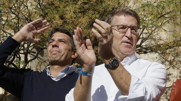 Imagen del presidente de la Generalitat Valenciana, Carlos Mazón, y el presidente del PP, Alberto Núñez Feijóo, este domingo en Valencia
