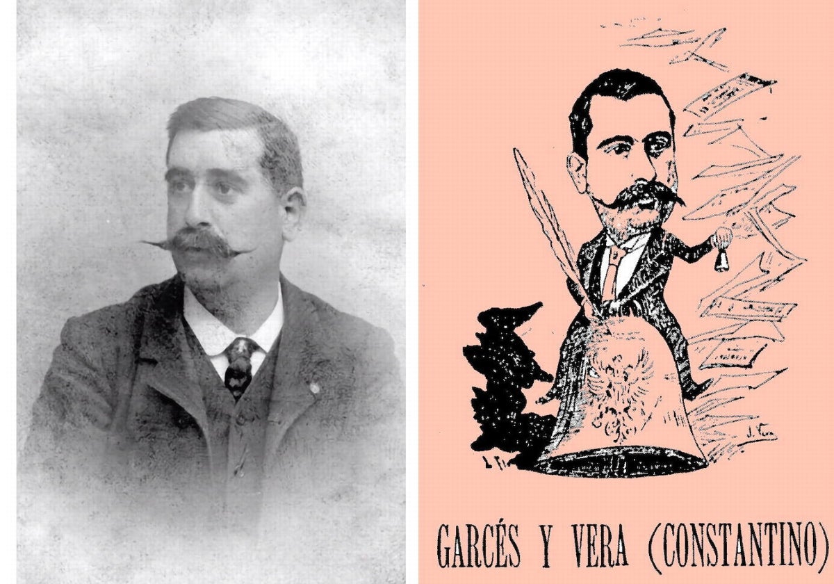 Constantino Garcés (1860-1922) en una fotografía publicada por 'La Voz de la Juventud' el 19 de abril de 1904. A la derecha, su caricatura realizada por los pintores Pablo Vera Bañón y su hijo Enrique para el libro 'Albaricoques de Toledo' (1893)