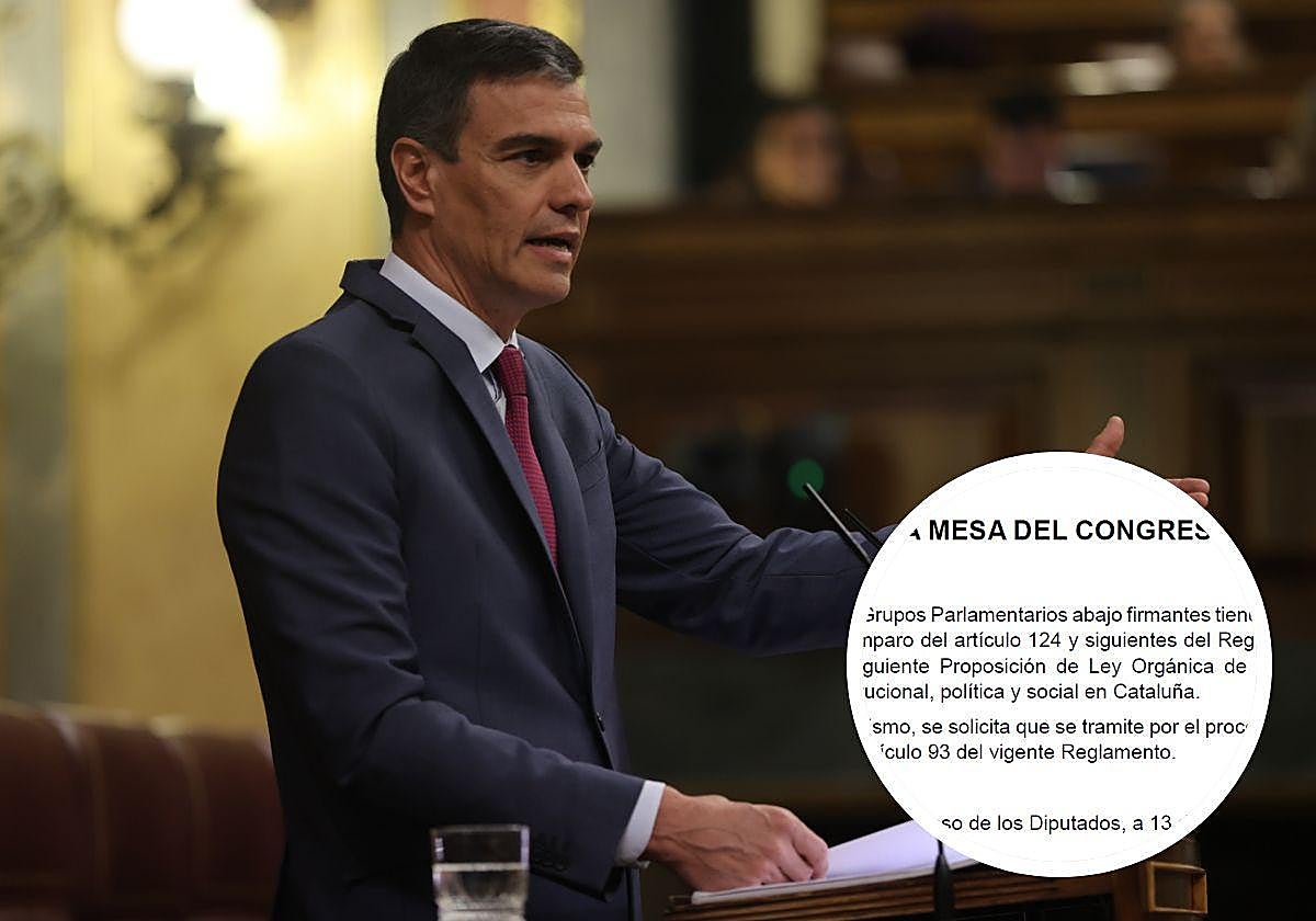 Pedro Sánchez, durante una comparecencia en el Congreso. Abajo, el inicio del texto de la Ley