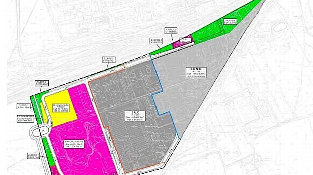 Nuevo reparto: en morado, el Parque Joyero; en el centro, la zona fabril, a la derecha, las nueva nave y la central solar