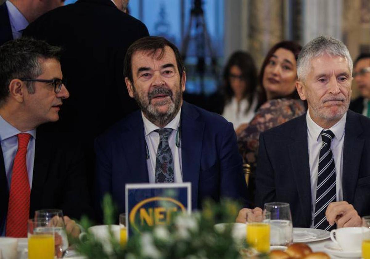El Ministro de la Presidencia, Justicia y Relaciones con las Cortes, Félix Bolaños; el presidente del Consejo General del Poder Judicial (CGPJ), Vicente Guilarte y el ministro del Interior, Fernando Grande-Marlaska