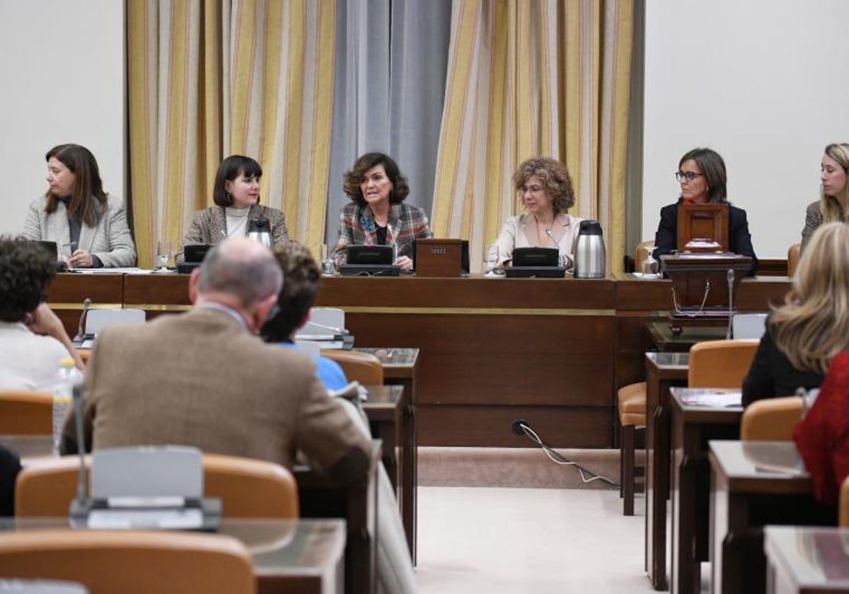 La diputada del PSOE, exvicepresidenta primera del Gobierno y presidenta de la Comisión de Igualdad, Carmen Calvo, durante la comisión de Igualdad el día en el que se constituyen 28 comisiones