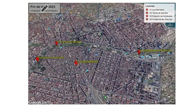 Plano con la ubicación de los castillos de fuegos artificiales en Valencia