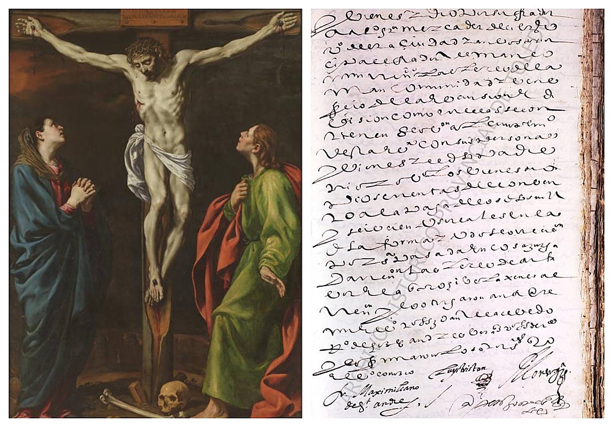 'Calvario' Hacia 1613. Luis Tristán (Museo del Prado). A la derecha, documento del Archivo Histórico Provincial de Toledo
