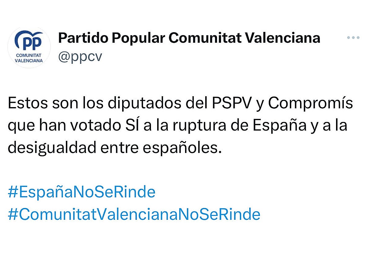 Captura del tuit del PPCV denunciado por el PSOE