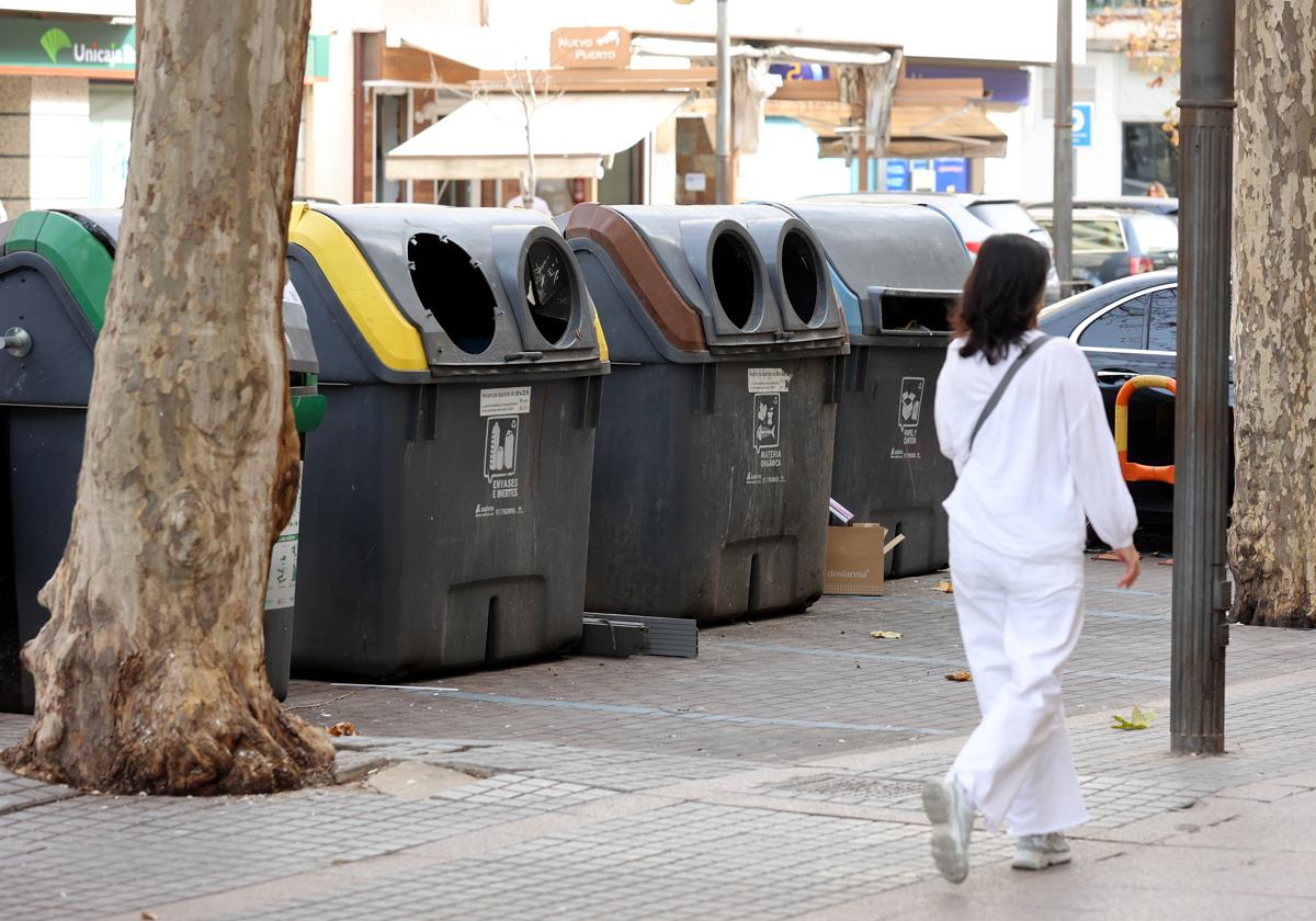 Una mujer pasa delante de un bloque de contenedores de Sadeco