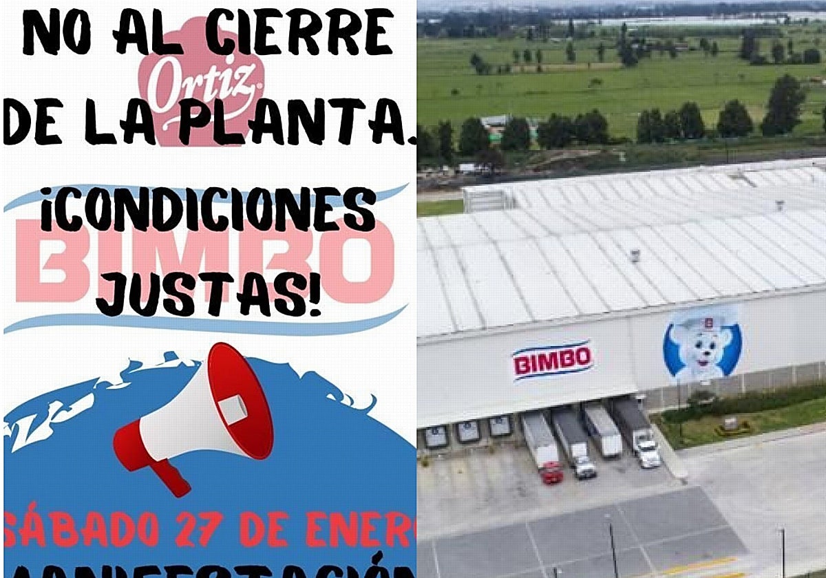 Cartel anunciador de la manifestación de este sábado en Alicante e imagen de la factoría de Bimbo en Barcelona.