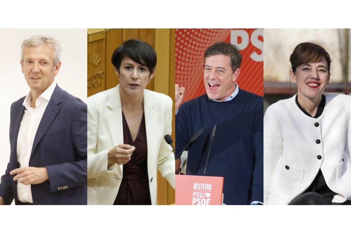 Alfonso Rueda (PP), Ana Pontón (BNG), José Ramón Gómez Besteiro (PSOE) y Marta Lois (Sumar)