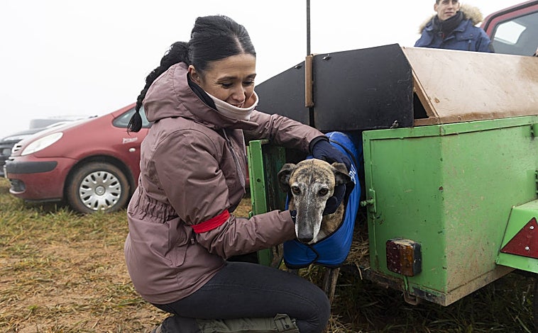 Imagen principal - Arriba, Sandra con su galga 'Leyenda', que llegó hasta la final. Abajo, guardias civiles a caballo, parte del dispositivo en el Campeonto, en el que no falta una carpa con bar y puestos con todo tipo de detalles en torno al mundo del galg