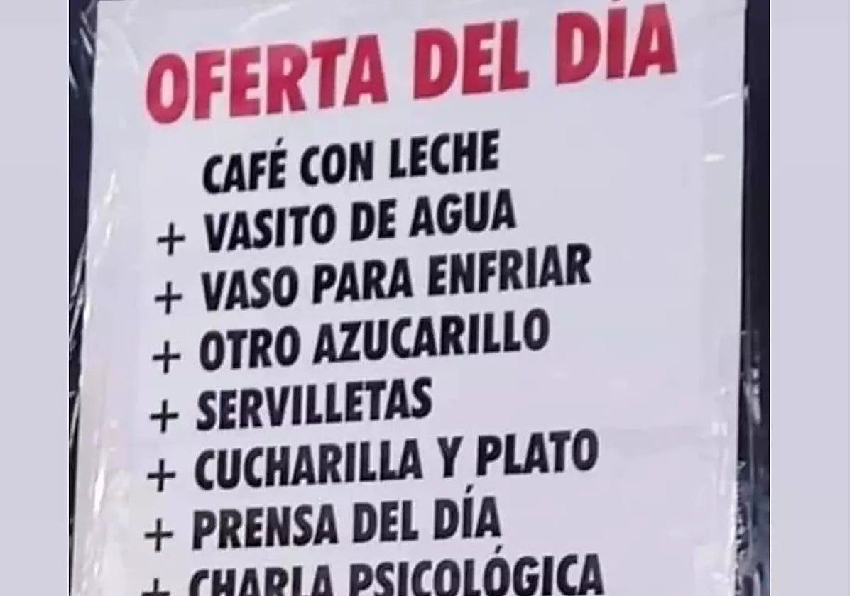 Vista parcial del cartel difundido por el influencer valenciano en redes sociales, con la original 'oferta del día' de un café con los servicios incluidos.
