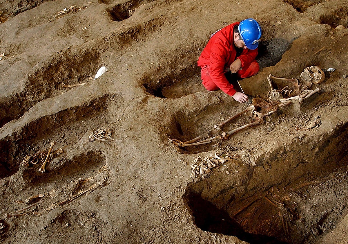 Un arqueólogo excava una necrópolis