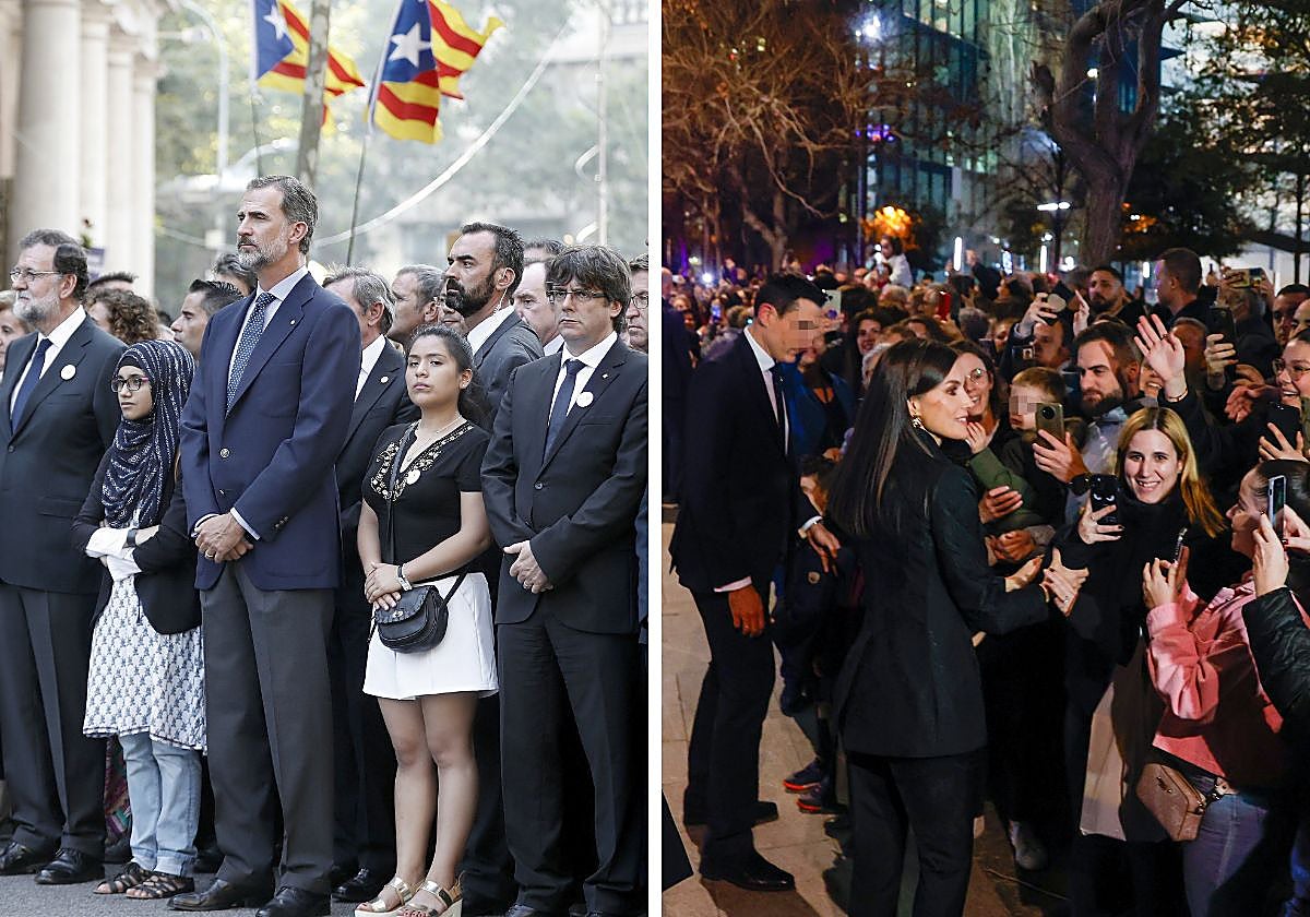 A la izquierda, el Rey, durante el homenaje por los atentados del 17-A. A la derecha, Doña Letizia, el pasado miércoles, aclamada por la multitud en Hospitalet