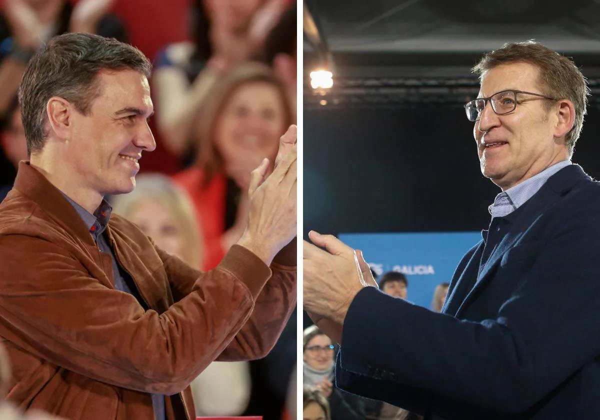 Pedro Sánchez y Alberto Núñez Feijóo, en mítines de la campaña gallega