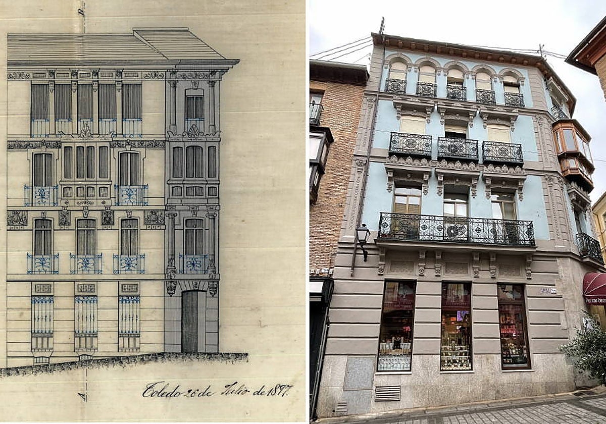Proyecto original del arquitecto José Ramón Ortiz Portillo para la vivienda del alcalde José Benegas (1897), Archivo Municipal de Toledo. El mismo edificio en 2024. Fachada hacia la calle de la Plata. Foto Rafael del Cerro Malagón
