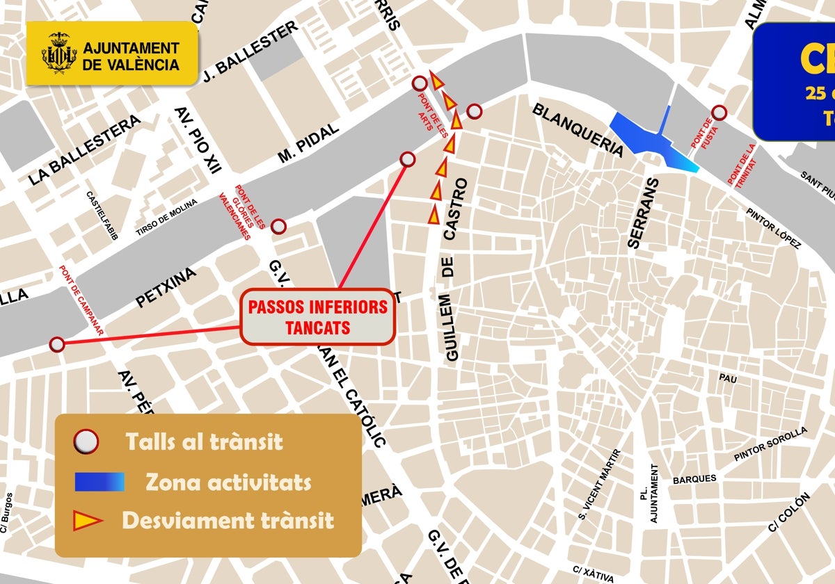 Mapa de los cortes de calles en Valencia por la Crida de las Fallas 2024