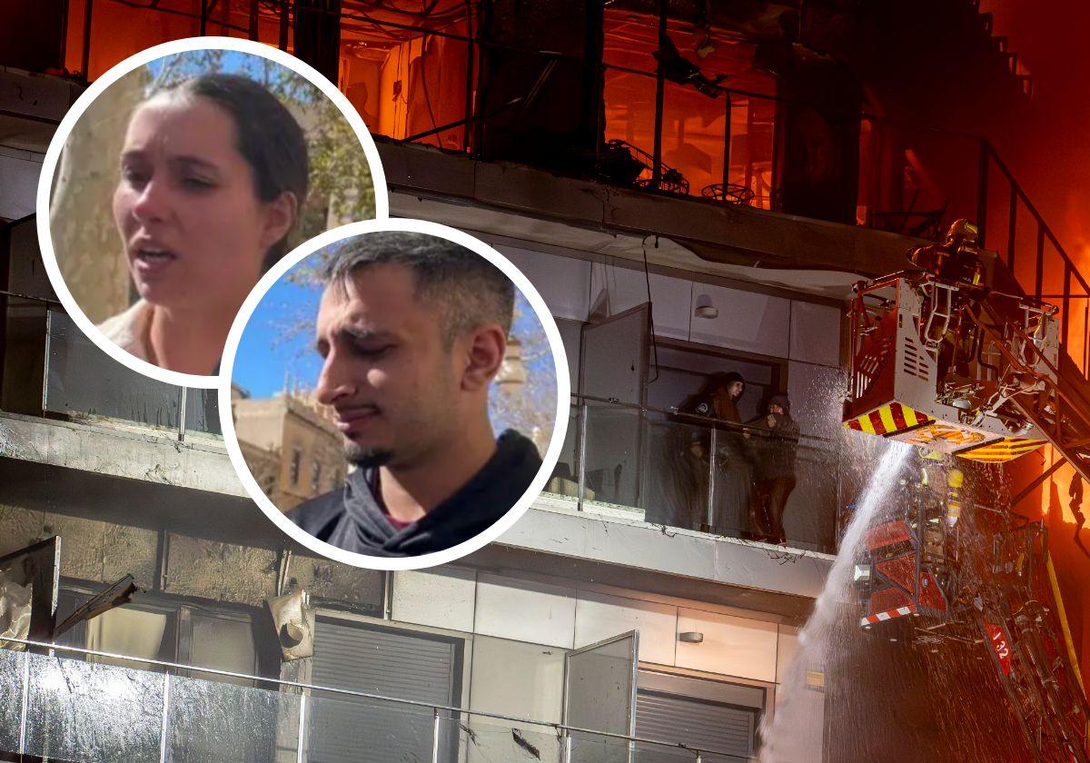 La pareja rescatada y el momento en el que son atendidos por los bomberos