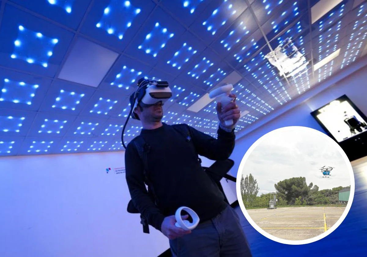 Un programador prueba las gafas que simulan un almacén (foto principal); en el círculo, uno de los drones que traslada material sanitario