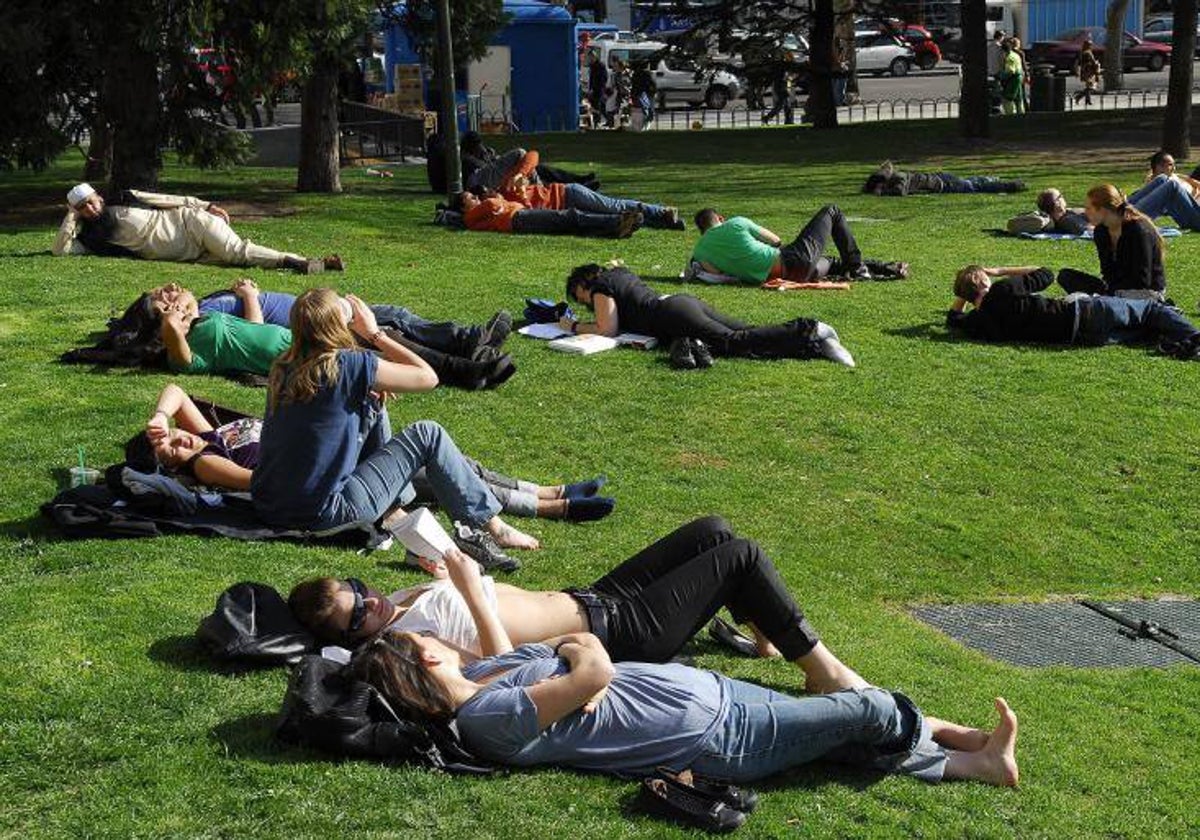 Varias personas toman el sol en una zona verde madrileña