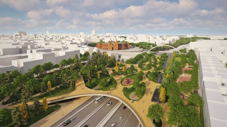 Recreación de la pasarela verde que cubrirá un tramo de la M-30 a su paso por Ventas