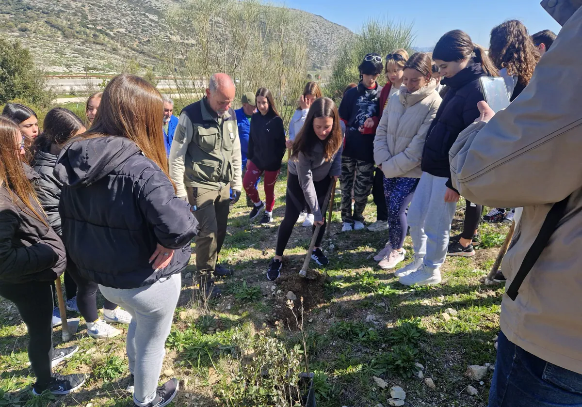 Una alumna del IES Sierra de Aras en la actividad de repoblación