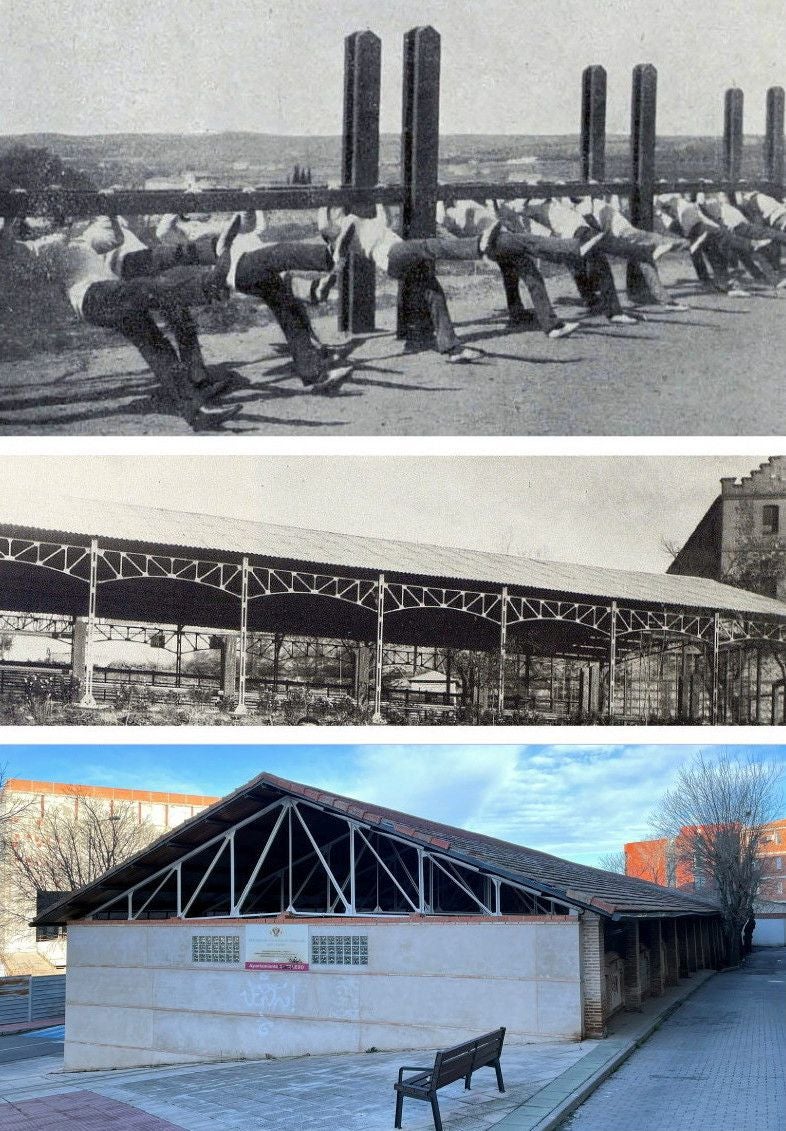 Escuela Central de Gimnasia. Arriba, ejercicios de suspensión en un lugar aún descubierto ('Memoria' de los cursos 1920-1923). En medio, el gimnasio ya techado hacia 1930 (Foto Rodríguez). Abajo, vista exterior del mismo pabellón en la actualidad (Rafael del Cerro