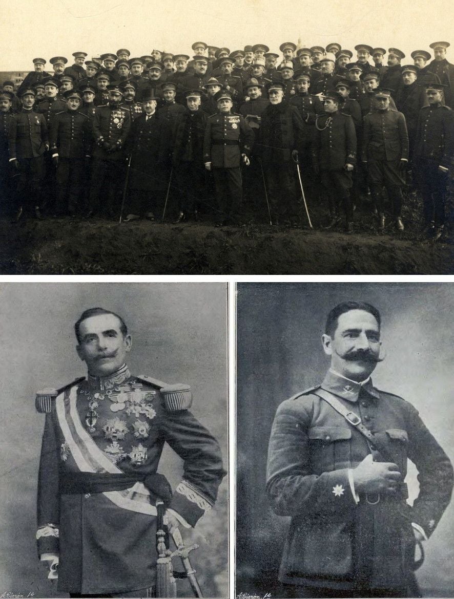 Acto inaugural de la Escuela Central de Gimnasia el 28 de febrero de 1920. Abajo, a la izquierda, su fundador, el general José Villalba Riquelme (1856-1944). A la derecha, el comandante Federico Gómez de Salazar Orduña (1882-1922) reseñado en la 'Memoria' como “activo y eficaz apóstol de la Educación Física en España”