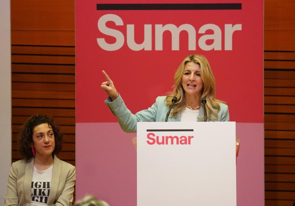 La vicepresidenta segunda y ministra de Trabajo y Economía Social, Yolanda Díaz, interviene durante el acto 'Ampliando lo público con políticas feministas', en el Palacio Euskalduna, a 6 de marzo de 2024