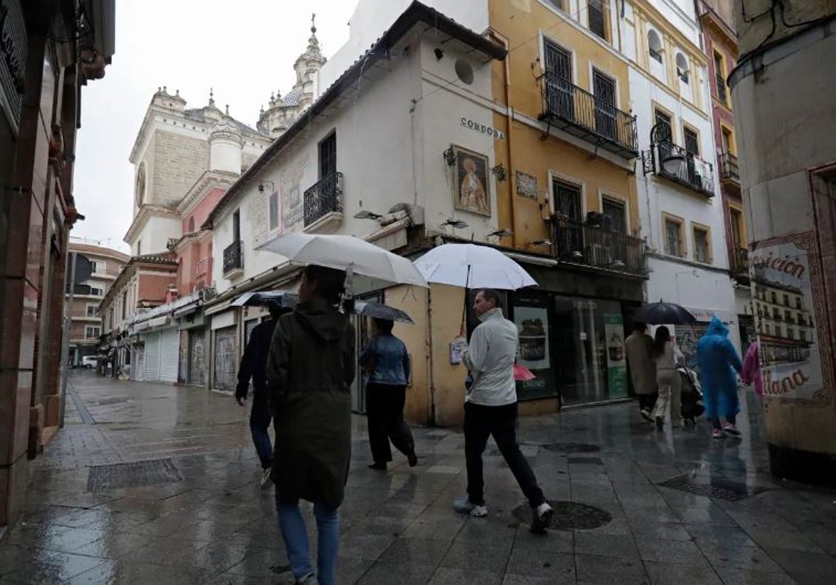 Imagen de varias personas caminando bajo la lluvia por el centro de Sevilla