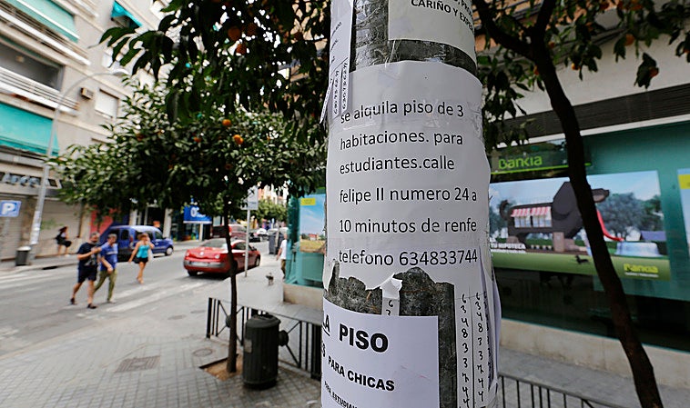 Carteles de oferta de pisos en alquiler para estudiantes en Ciudad Jardín