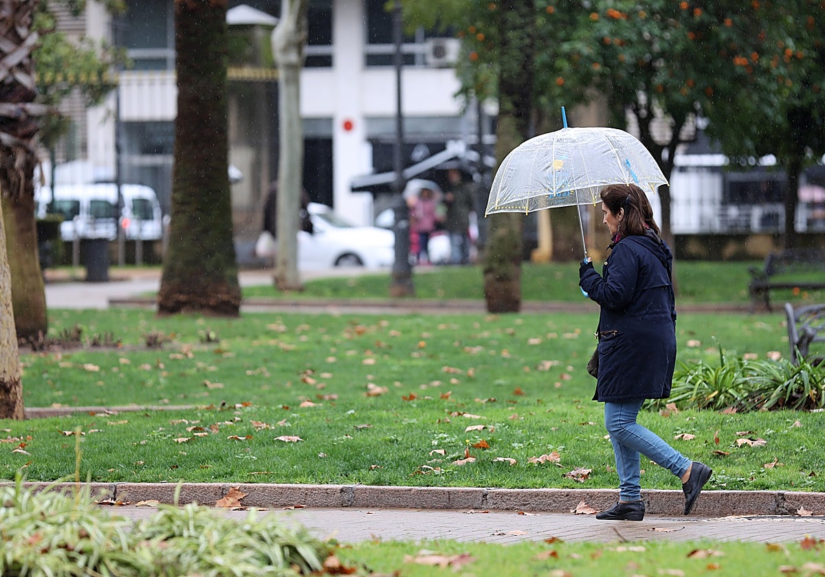 Una mujer pasea por un parque de Córdoba bajo un paraguas