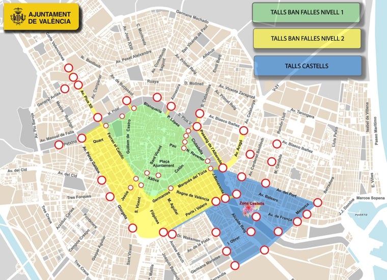 Imagen de los cortes de tráfico previstos en la zona centro de Valencia (en verde), durante algunos actos (en amarillo) y durante los castillos nocturnos (en azul)