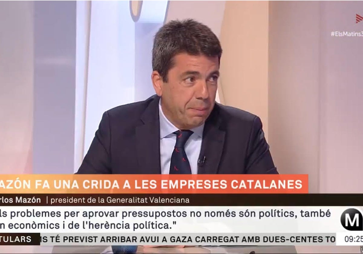 Imagen de la entrevista de TV3 al presidente de la Generalitat Valenciana, Carlos Mazón