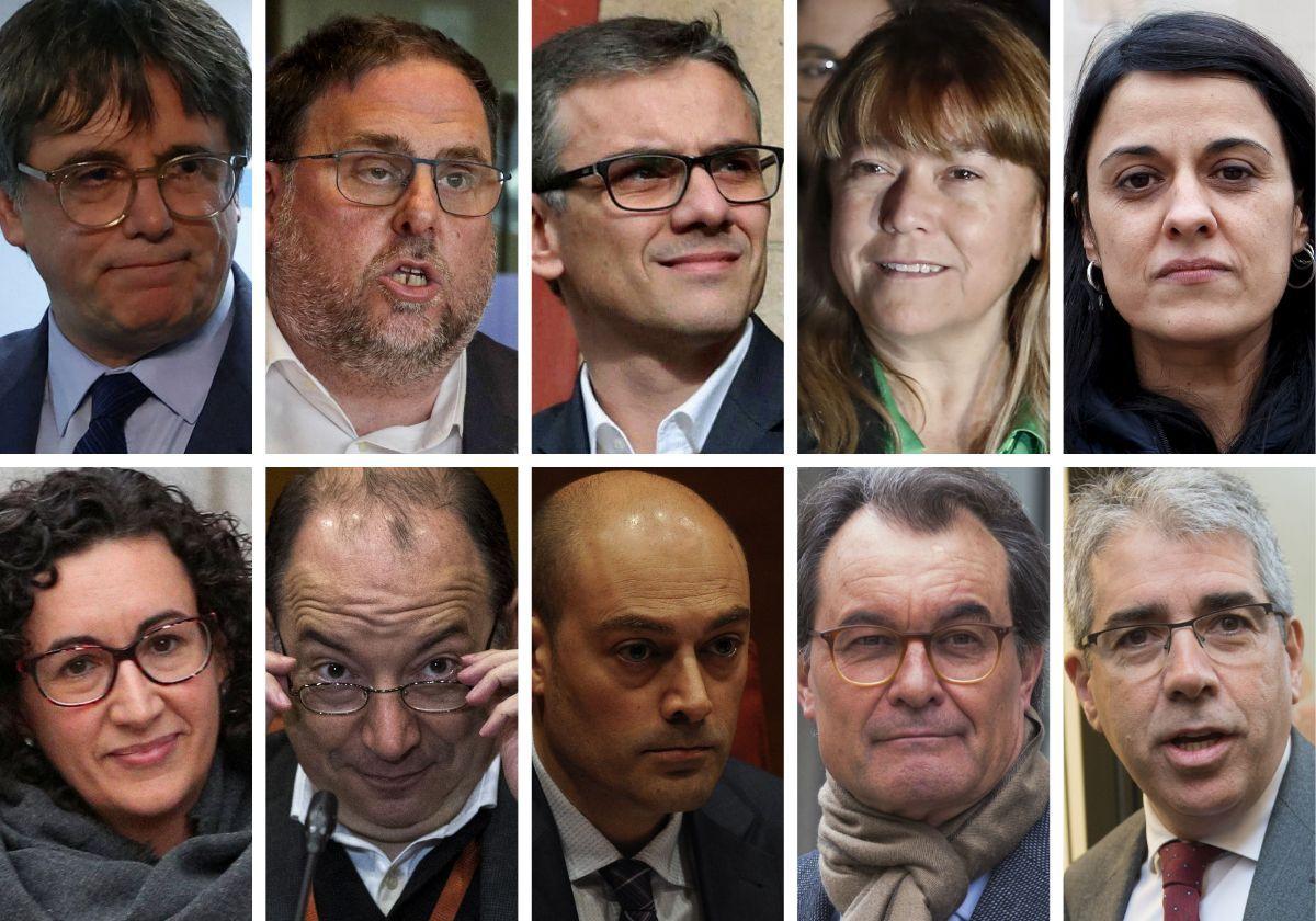 De izquierda a derecha y de arriba a abajo: Carles Puigdemont, Oriol Junqueras, Josep Maria Jové, Natàlia Garriga, Anna Gabriel, Marta Rovira, Vicent Sanchis, Saül Gordillo, Artur Mas y Francesc Homs