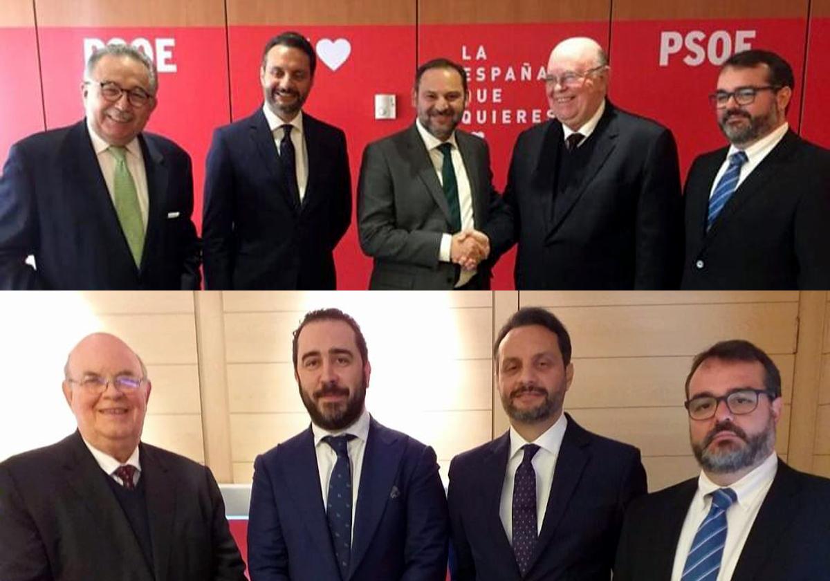 En la primera foto, Ábalos junto a Antonio Ecarri, Williams Davila, hijo, y José Ignacio Guedez. En la segunda, los mismo junto a De Aldama