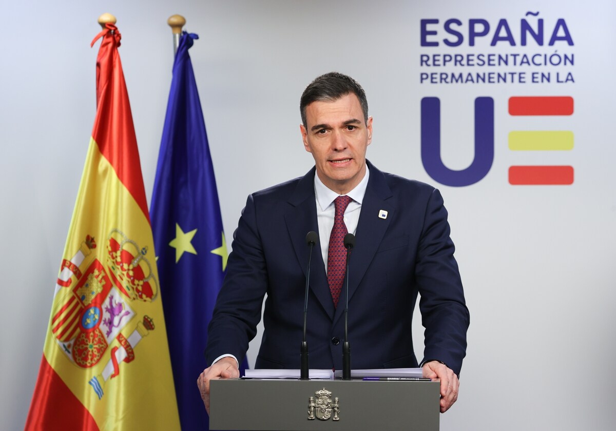 Pedro Sánchez, durante la rueda de prensa de este viernes en Bruselas