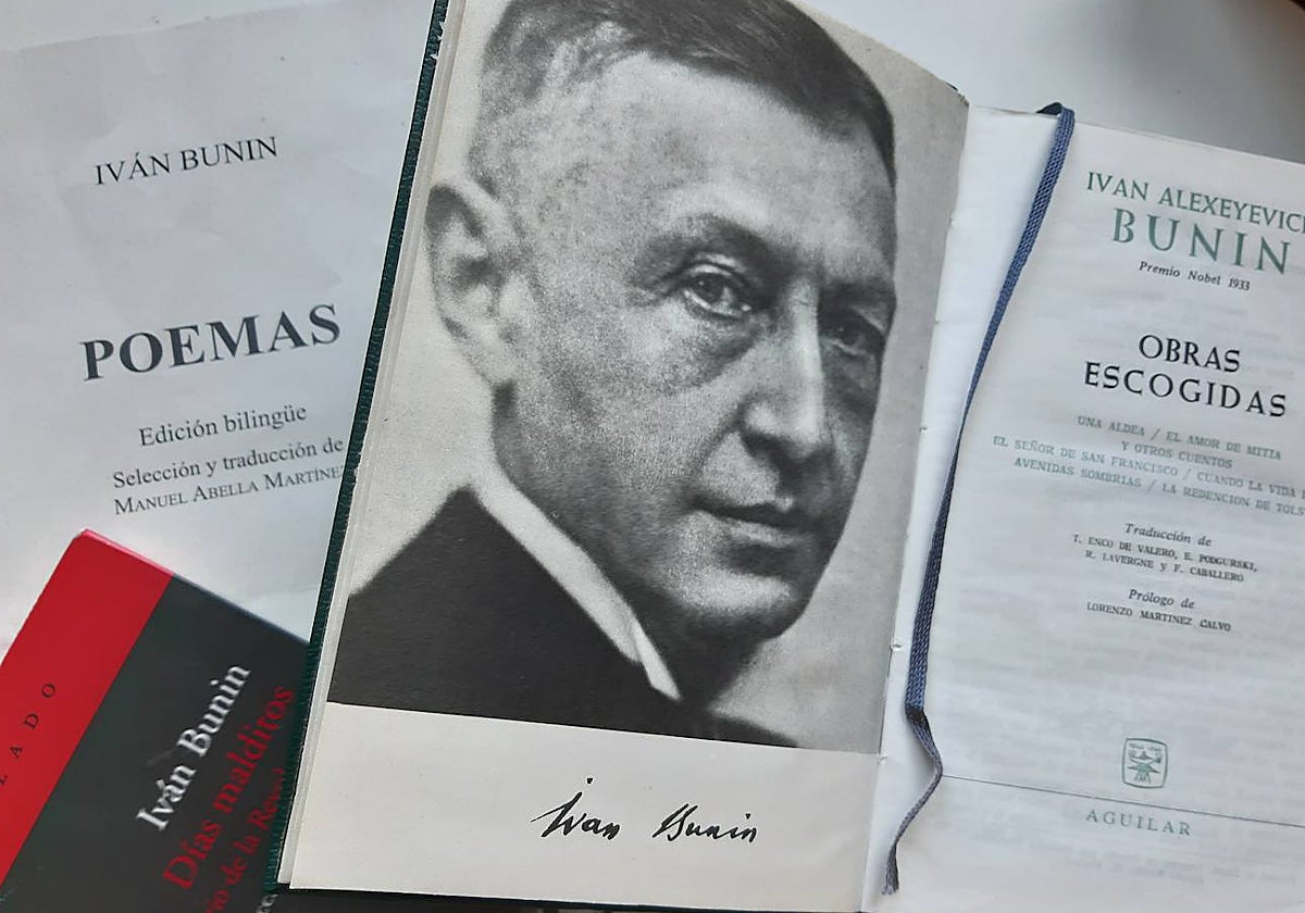 Composición con los folios de Irina, rusa en Toledo, y los libros Los días malditos y Cuando comienza la vida de Bunin, con la foto de este